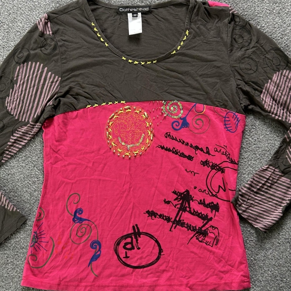 Clotheshead Shirt Womens Medium Pink Brown Embroidered Graphic Long Sleeve